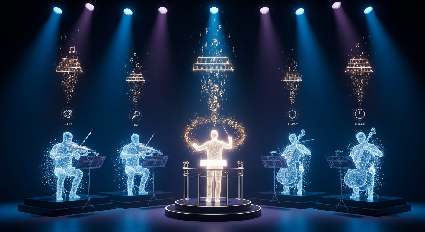 The Digital Orchestra — specialized agents playing in harmony under a conductor