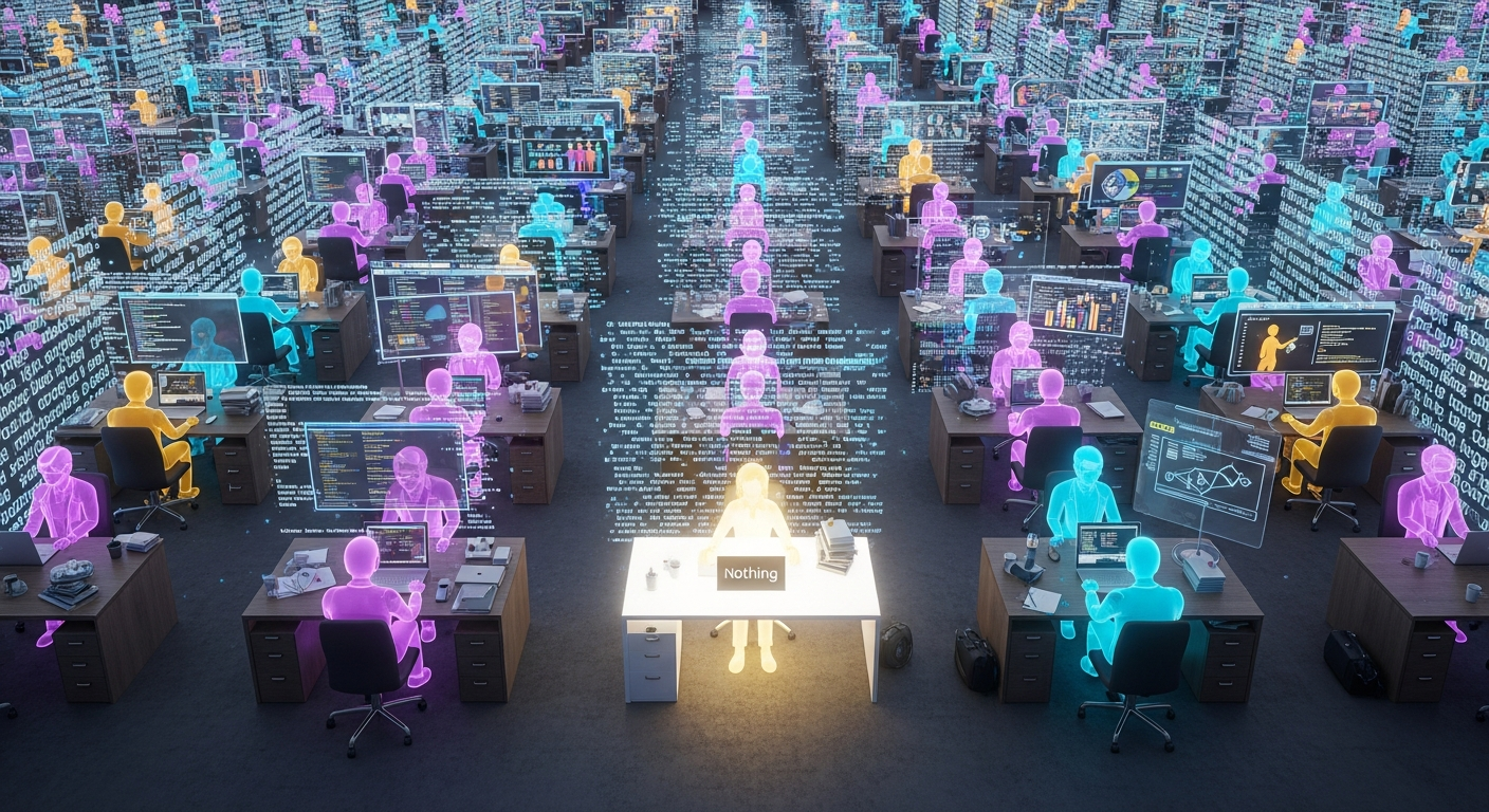 AI Agency - holographic workers in an infinite office