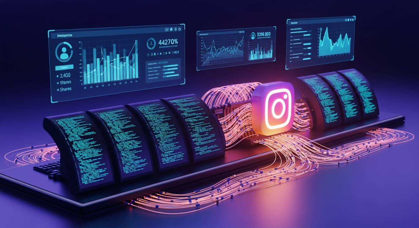 A futuristic AI terminal connected to Instagram's logo through glowing data pipelines, with analytics dashboards floating in the background